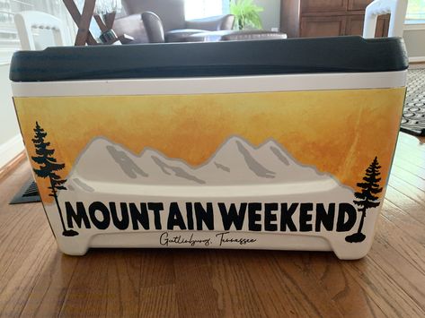 Mountain Weekend Cooler Fraternity, Frat Coolers Ideas, Hand Painted Coolers, Mountain Weekend Cooler, Painted Fraternity Coolers, Pi Kapp, Formal Coolers, Frat Formal, Fraternity Cooler