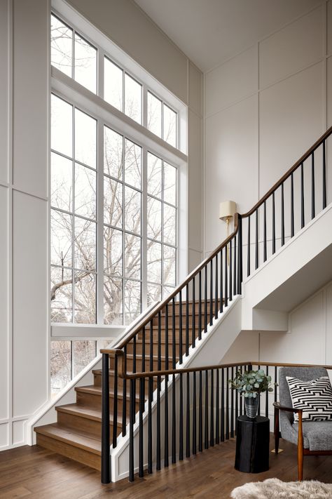 Staircase Spindles, Hallway Stairs, Designer Homes, Staircase Railing Design, Herringbone Wood Floor, Entry Stairs, Home Bunch, Dining Room Paint, Staircase Makeover