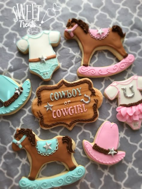 Gender Reveal Ranch Ideas, Our First Rodeo Gender Reveal, Cowboy Or Cowgirl Gender Reveal Cookies, Gender Reveal Cake Western, Gender Reveal Themes Western, Country Theme Gender Reveal Ideas, Gender Reveal Ideas For Party Country Theme, Cowboy Gender Reveal Ideas For Party, Cute Country Gender Reveal Ideas