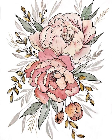 @lylun_designs tartalmat tett közzé az Instagram-profiljában: „Still one of my favourites #floralillustration #floralsyourway #floralart #looseflorals…” Peonies Embroidery Pattern, Peony Sketches, Peony Flower Tattoo Design, Bunch Of Flowers Drawing, Peonies Drawing, Peony Flower Painting, Floral Sketches, Floral Drawings, Peony Drawing