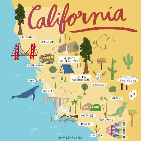 California Map Illustration, California Illustration, Map Of California, Road Trip Map, California Destinations, Map Illustration, San Diego Beach, California Map, California Travel Road Trips