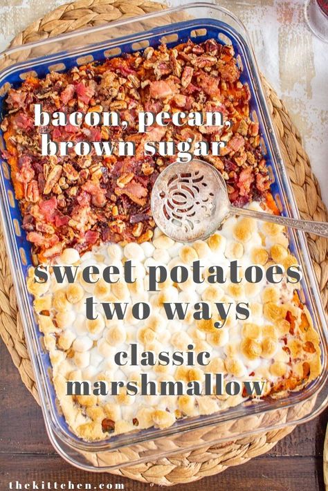 Sweet Potato Casserole With Marshmallows Recipe, Sweet Potato Marshmallow Casserole, Bacon Potato Casserole, Brown Sugar Sweet Potatoes, Sweet Potato Casserole With Marshmallows, Marshmallow Topping, Pecan Crumble, Sweet Potato Thanksgiving, Brown Sugar Bacon