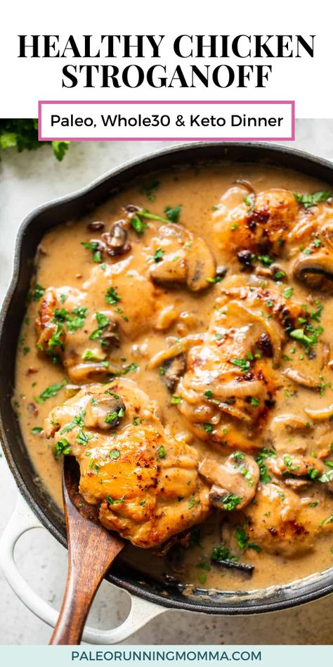 This hearty and savory paleo chicken stroganoff is made all in one skillet for a quick, delicious and cozy weeknight meal. It’s Whole30, low carb and keto and delicious served over sautéed cauliflower rice, your favorite veggie noodles or roasted veggies. Paleo Running Mama Recipes, Sautéed Cauliflower, Slow Cooker Chicken Stroganoff, Chicken Stroganoff Recipe, Paleo Baking Recipes, Ms Diet, Healthy Low Fat Recipes, Paleo Meal Prep, Candida Cleanse