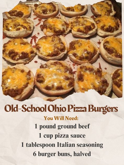 Old-School Ohio Pizza Burgers Recipe... - Delectable Recipe School Cafeteria Pizza Burgers, Hamburger Bun Pizza, Pizzaburger Recipe, Pizza Burgers School, Old School Cafeteria Food, School Pizza Burgers Recipe, Old School Pizza Burgers, Pizza Burgers Ground Beef, School Pizza Recipe Old