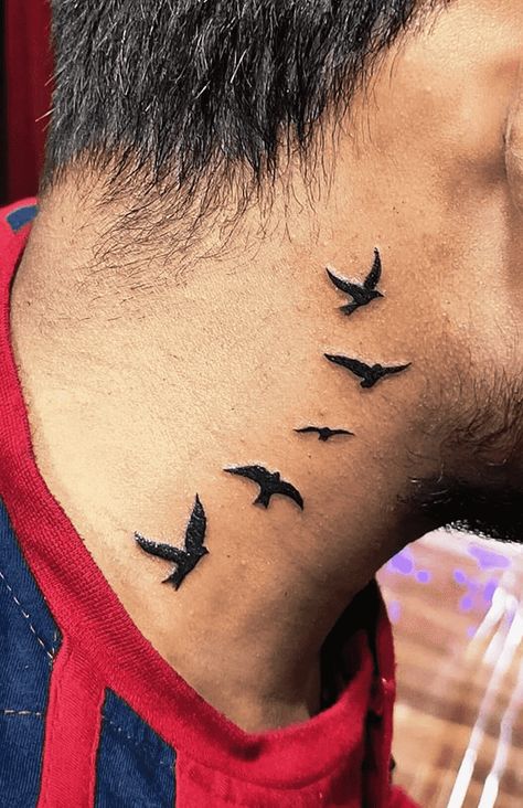 Neck Tattoo Design Images (Neck Ink Design Ideas) Small Tattoos On Neck Men, Birds Tatoos Flying Men, Birds Neck Tattoo Men, Bird Neck Tattoos Women, Neck Side Tattoo Men, Neck Text Tattoo, Birds On Neck Tattoo, Birds Tattoo On Neck, Birds Neck Tattoo