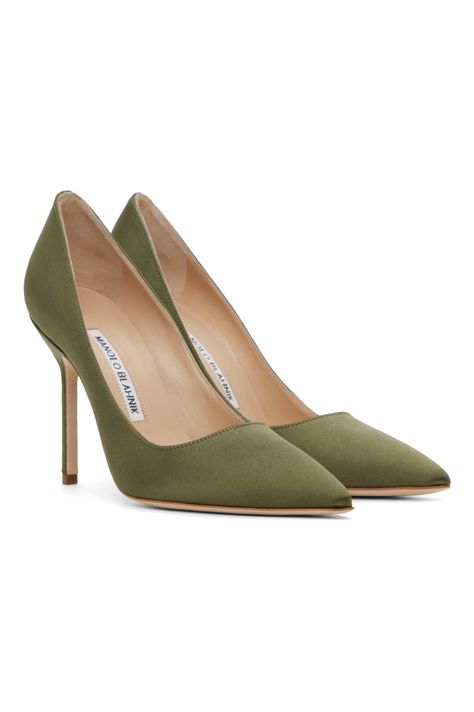 Manolo Blahnik: Green BB Heels | SSENSE Manolo Blahnik Green, Green Pumps, Manolo Blahnik Heels, Black Lion, Satin Heels, Dark Khaki, Shooting Stars, Manolo Blahnik, Stiletto Heels