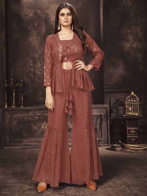 Latest Indo Western Outfits For Women, Indo Western Outfits For Women, Indian Tunic Tops, Suit With Jacket, Sharara Designs, Trendy Outfits Indian, Sharara Suits, Patterned Crop Top, Indo Western Dress