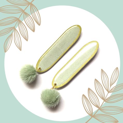 Long oblong earrings with pom pom, cool mint and gold drop earrings, handmade Yupo paper and resin jewellery Mint And Gold, Yupo Paper, Mint Gold, Resin Jewellery, Ear Stud, Gold Drop Earrings, Handmade Polymer Clay, Ear Studs, Polymer Clay Jewelry