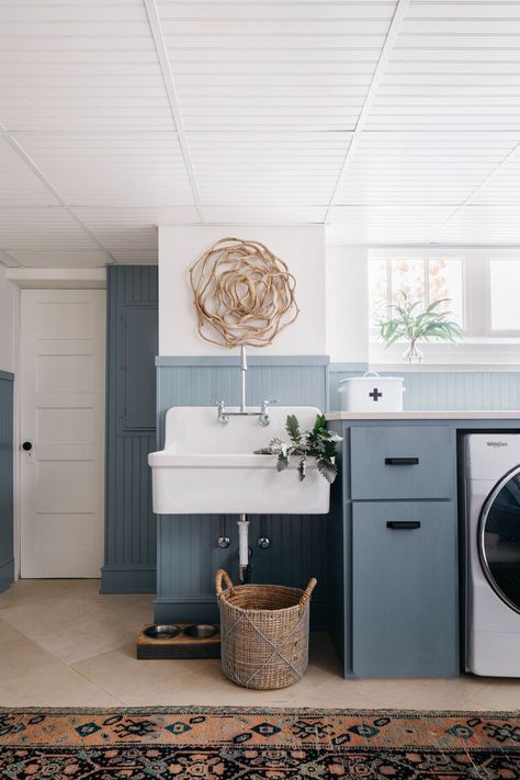 Kate Marker’s Renovation: Spotlight on Bathrooms — KATE MARKER INTERIORS 100 Year Old House, Kohler Sink, Kate Marker Interiors, Tiny Laundry Rooms, Herringbone Wood Floor, Wooden Floating Shelves, Laundry Sink, Small Laundry Rooms, Cabinetry Design