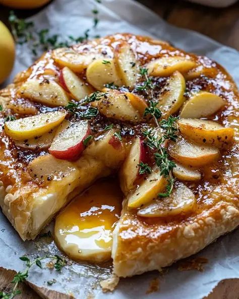 Golden baked brie topped with caramelized apples and fresh thyme creates a warm, savory-sweet appetizer perfect for holidays. Apple Baked Brie, Brie Cheese Recipes, Baked Brie Appetizer, Baked Brie Recipes, Cheese Crostini, Caramelized Apples, Goat Cheese Crostini, Sweet Appetizer, Brie Appetizer