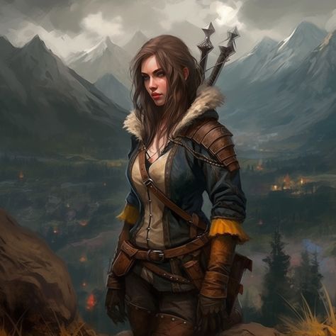 Female Witcher Character Design, Brown Haired Female Character Design, Witcher Character Art, Female Witcher Oc, Leather Armor Dnd, Female Witcher, Female Leather Armor, Sorceress Art, Witcher Oc