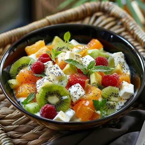 Vibrant Fruit Salad with Yogurt and Mint Recipe Ingredients: 1 cup strawberries, hulled and quartered 1 cup kiwi, peeled and sliced 1 cup mango, peeled and diced 1 cup pineapple, diced 1 cup mandarin orange segments 1/2 cup raspberries 1/2 cup cubed feta cheese (optional for a savory touch) 1 cup Greek yogurt 1 tablespoon honey 1 teaspoon vanilla extract 2 tablespoons poppy seeds Fresh mint leaves, for garnish Instructions: Prepare the Yogurt Dressing: In a small bowl, mix the Greek yogurt, ... Greek Yogurt Honey, Rainbow Pizza, Fruit Salad With Yogurt, Healthy Summer Snacks, Fruit Yogurt, Yogurt Dressing, Mint Recipes, Rainbow Fruit, Summer Snacks