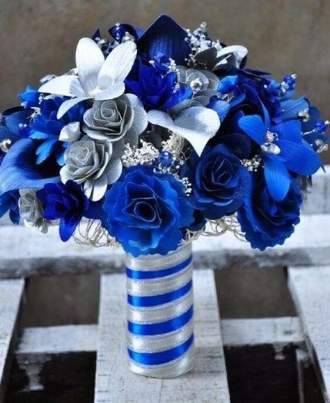 WEdding Bouquets for royal blue and silver metallic winter wedding Silver Winter Wedding, Silver Bouquet, Starry Night Wedding, Silver Centerpiece, Royal Blue Wedding, Blue Themed Wedding, Blue Wedding Flowers, Night Wedding, Wedding Winter