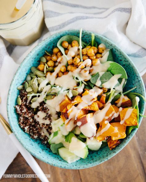 Yummy Sweet Potato Buddha Bowl Halloumi Bowl, Sweet Potato Buddha Bowl, Potato Buddha Bowl, Gina Livy, Roasted Sweet Potato Cubes, Lemon Tahini Sauce, Bowls Recipes, Fried Halloumi, Quinoa Sweet Potato