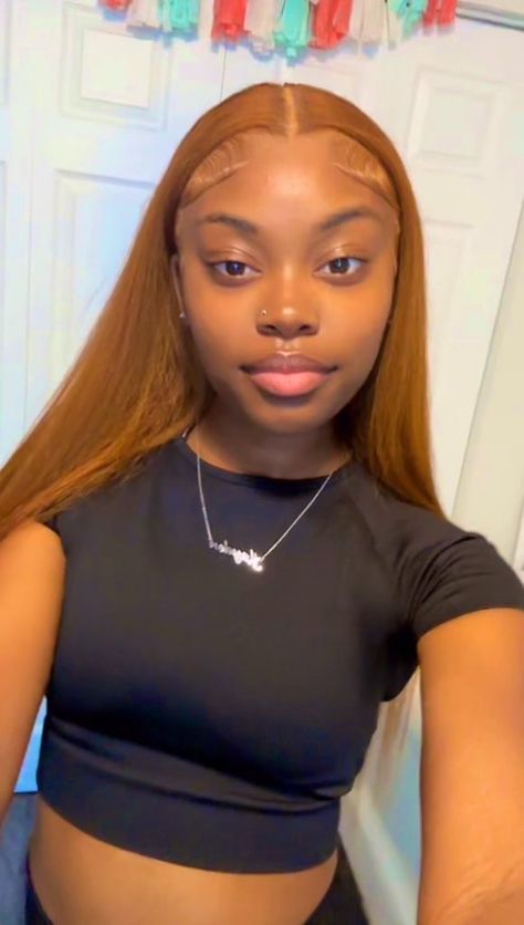 Straight Color Wigs, Honey Brown Middle Part Sew In, Light Brown Middle Part Wig, Brown Straight Wigs Black Women, Cinnamon Frontal Wig, Lace Fronts On Dark Skin, Natural Hair Color Wigs, Colored Frontal Wigs Brown Skin, Light Brown Lace Front Wig