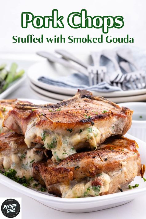 Recipe For Pork Chops, Gouda Recipe, Pork Chops Bone In, Best Pork Chop Recipe, Recipe For Pork, Best Bbq Recipes, Stuffed Pork Chops, Smoked Gouda Cheese, Bacon In The Oven