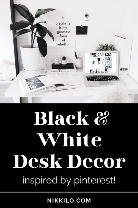 Black And White Desk Decor, White Desk Ideas, Black And White Office Ideas, Modern Desk Decor, Black And White Desk, White Desk Decor, White Desk Setup, Desk Decor Ideas, Office Craft Room Combo