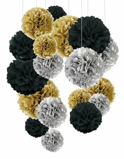 Grad Decor, Black And Gold Party Decorations, Paper Flower Ball, Silver Party Decorations, Pom Pom Decorations, Gold Graduation Party, Paper Pom Pom, Pom Pom Flowers, Tissue Pom Poms