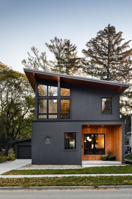 House 113 - Contemporary - Exterior - Other - by MoTiS | Houzz Simple Square House Design, Pnw Contemporary Home, Small Home Exterior Colors, Modern Square House, Shed Style Roof House, 2 Story Modern House, Black Scandinavian House, Small Contemporary House Exterior, Minimalist House Exterior