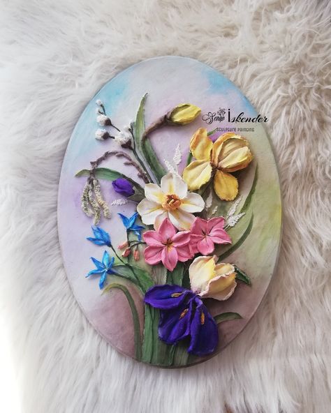 Molded Clay Art, Clay Work On Canvas, 3d Floral Painting, Canvas Flowers, Painted Driftwood, Plaster Sculpture, Clay Wall Art, Clay Work, Flower Sculptures