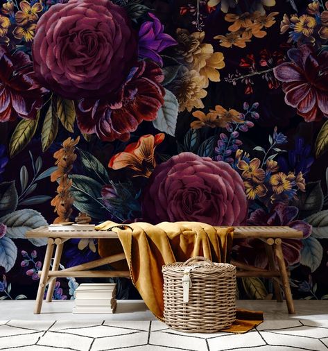 Burnt Orange Rooms, Bold Lighting, Pink Velvet Curtains, Purple Roses Wallpaper, Foliage Wallpaper, Purple Foliage, Simple Bed Designs, Dark Purple Wallpaper, White Floor