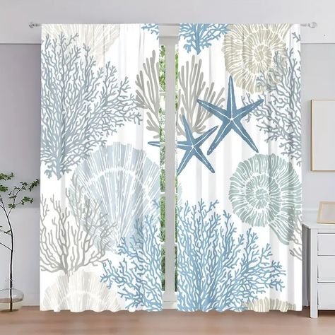 Ocean Curtains, Coral Curtains, Bathroom Window Curtains, Kitchen Window Curtains, Coral Decor, Beach Kitchens, Coastal Kitchen, Blue Bathroom, Printed Curtains