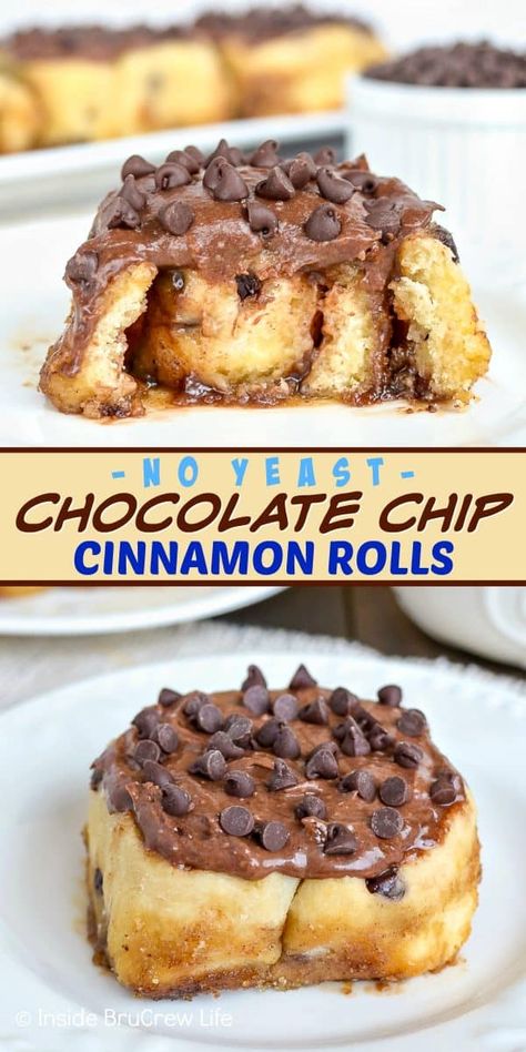 Chocolate Chip Cinnamon Rolls - chocolate frosting and chocolate chips add a sweet flair to these no yeast cinnamon rolls. Make this easy recipe for breakfast or brunch parties! #cinnamonrolls #noyeast #chocolate #breakfast Cinnamon Rolls With Chocolate, Chocolate Chip Cinnamon Rolls, Yeast Cinnamon Rolls, No Yeast Cinnamon Rolls, Chips And Chocolate, Brunch Parties, Cinnamon Roll Recipes, Sweet Roll Recipe, Chocolate Cream Cheese Frosting