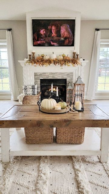 Dark Wood Coffee Table, Wood Mantle Fireplace, White Sectional Sofa, Cozy Farmhouse Living Room, Living Room Transformation, Rustic Farmhouse Living Room, Fall Coffee Table, Pumpkin Decorations, Fall Living Room