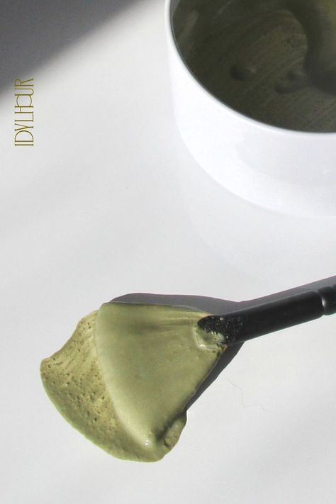 a self care must-have: image of a fan brush covered in a luscious green face mask. pot of mixed mask sits in the upper right corner. IDYLHOUR logo is vertical on the left side. Powder Face Mask, Green Aesthetic Tumblr, Facial Room, Mask Photography, Rice Mask, Face Mask Aesthetic, Powder Face, Healing Room, Beauty Products Photography