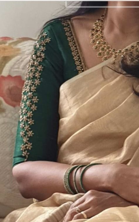 Embroidery Blouse For Silk Saree, Gold Saree With Green Blouse, Gold Color Pattu Sarees, Green Bridal Blouse Designs, Green Blouse Designs For Saree Silk, Simple Sleeves Design For Blouse, Green Blouse Designs For Saree Bridal, Gold Saree Blouse Design, Blouse Embroidery Designs Silk