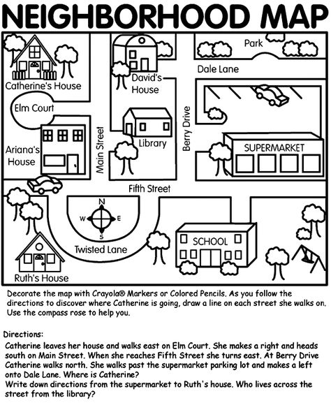 This neighborhood map can be used for teaching map skills to primary age children through relative terms using their own environment. This map can be adapted to teach certain map skills, terms of location, and spatial relationships. Teaching Map Skills, Social Studies Maps, Teaching Maps, Communities Unit, Kindergarten Social Studies, Map Worksheets, Map Making, Homeschool Geography, Map Activities