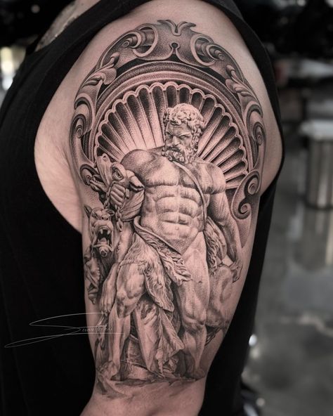 Viacheslav Danh | ⚜️ Hercules and Cerberus. The 12th Labor of Hercules was the capture of Cerberus, guardian of Hades. Hofburg palace. Vienna… | Instagram Greek Mythology Tattoos Hercules, Hercules Tattoo Design Greek Mythology, Hercules Cerberus Tattoo, Hades And Cerberus Tattoo, Cerberus Tattoo Greek Mythology, Hercules And Cerberus, Greek Mythology Tattoos Cerberus, Hades With Cerberus Art, Cerberus Tattoo