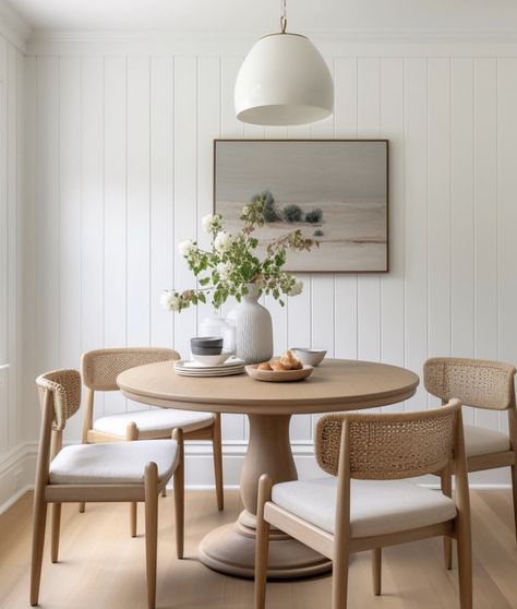 Circle Wood Dining Table, White Circle Dining Table, Arhaus Dining Room Inspiration, Small Dining Space Ideas, Round Table Dining Room, Dining Room Lighting Over Table, Casa Miami, Organic Modern Dining Room, Circle Dining Table