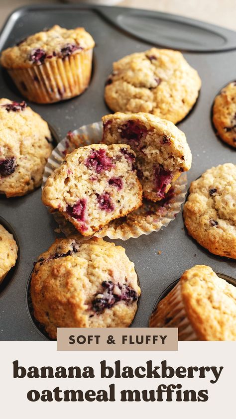 These banana blackberry oatmeal muffins are soft and fluffy with the delicious flavours of banana bread and tart blackberries. They're the perfect muffins for breakfast or a snack! Cereal Breakfast Ideas, Snack Muffins, Toast Yogurt, Blackberry Oatmeal, Sweet Breakfast Ideas, Blackberry Muffin, Oatmeal Cereal, Croissant French Toast, Cereal Breakfast