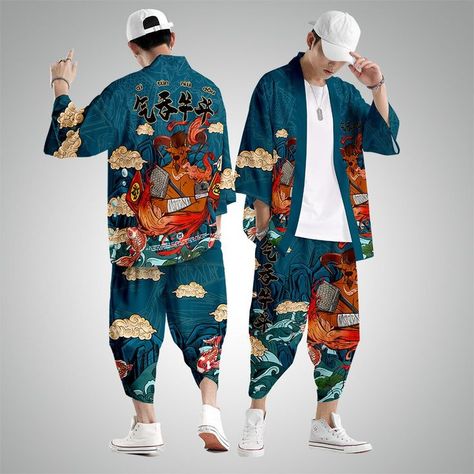 Men's Cardigan Suit ,Black Cropped Sleeve Spring Coat ,Casual Pants ,Kimono Gown , Cropped Pants , Handsome Printed Top Pants Set Streetwear Kimono, Kimono Pants, Jackets Fashion Casual, Techwear Streetwear, Male Kimono, Beach Kimono, Streetwear Pants, Jackets Men Fashion, Hip Hop Outfits