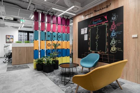 AkzoNobel Warsaw (Poland) Interactive Office, Breakout Space, Plywood Storage, Cnc Furniture, Interactive Walls, Pharmacy Design, Wall Panel Design, Office Photo, Logo Wall