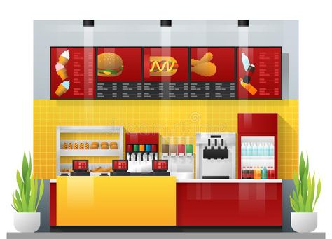 Interior Scene Of Modern Fast Food Restaurant Stock Vector - Illustration of food, business: 126076542 Fast Food Kiosk Design Ideas, Small Fast Food Restaurant Interior, Fast Food Shop Design, Fast Food Restaurant Design Interiors, Modern Fast Food Restaurant Design, Fast Food Counter Design, Food Fashion Design, Open Kitchen Partition Ideas, Restaurant Counter Design