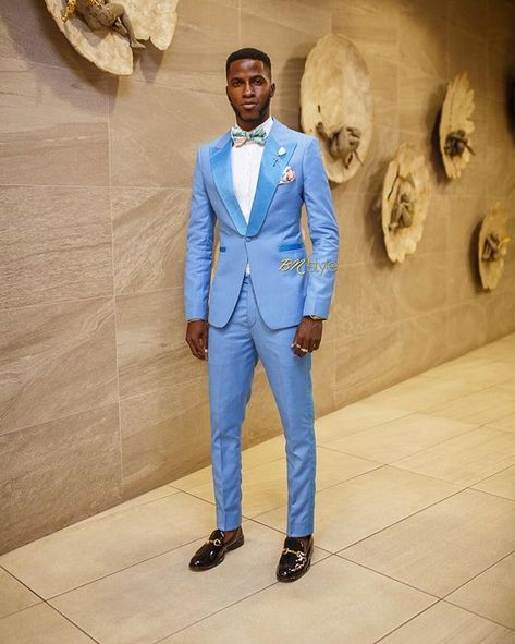 Dapper @akinfaminu at #FashionBusinessSeries last night.  All the fun and fabulous moments at  @lagosfashionweekofficials #FashionBusinessSeries will be up on www.bellanaijastyle.com soon!  #LFW18 #LagosFashionWeek #BNStyleLFW18  Photo Credit: @the.alfe Blue Tuxedo Wedding, Blue Mens Suit, Sky Blue Weddings, Blue Tux, Suit With Jacket, Suits For Wedding, Suit For Wedding, Lagos Fashion Week, Blue Suit Men