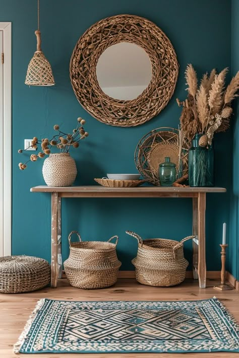 29 Blue Boho Interior Ideas for a Serene and Stylish Space 4 Teal Entryway, Boho Entryway Ideas, Blue Boho Living Room, Console Ideas, Teal Wall Decor, Fall Interior Design, Boho Entryway, Teal Interiors, Teal Living Rooms