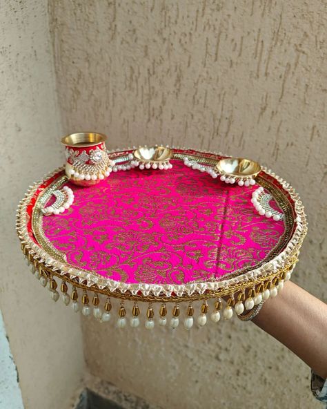 Brocade steel thali on the base of 10" with brass lota and brass katoris DM us for more details or whatsapp us on 9867422790 Pooja Thali, Laddu Gopal Dresses, Bridal Gift Wrapping Ideas, Bridal Gifts, Gift Wrapping, Brass, 10 Things, Gifts, Quick Saves