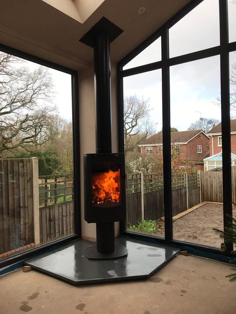 Log Burner Photo Gallery - The Cosy Stove Company Hanging Wood Burner, Open Log Burner, Log Burner Flue Outside, Free Standing Log Burner Ideas, Conservatory Wood Burner, Cosy Snug Room Ideas Log Burner, Log Burner In Conservatory, Logburners Fire Places, Conservatory Ideas Interior