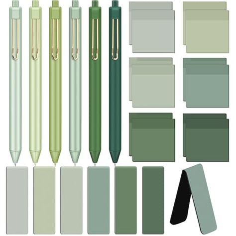 Weekgrat 24 Pcs Sage Green Stationery Set School Office Supplies Include 12 Sticky Notes 6 Retractable Black Ink Pens 0.5mm 6 Magnetic Bookmarks Aesthetic Accessories Set for Girls Boys Class Supplies Grad School Supplies, Green School Supplies, Green Stationary, Green Office Supplies, Bookmarks Aesthetic, Aesthetic Stationary, Notion Ideas, Pretty School Supplies, School Suplies