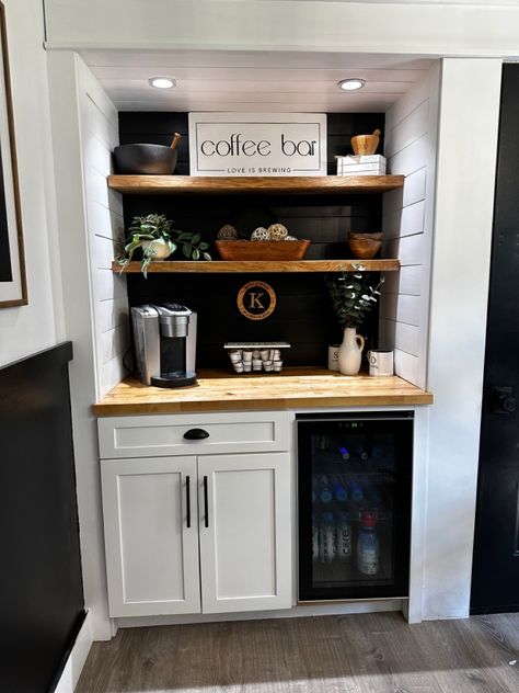 Our Coffee bar Coffee And Drink Bar Station, Built In Desk To Coffee Bar, Coffee Bar From Kitchen Desk, Coffee Bar In Primary Bedroom, Dry Bar With Butcher Block Top, Coffee And Smoothie Bar In Kitchen, Build In Coffee Bar, Coffee Bar Built In Kitchen, Coffee Bar With Butcher Block Top