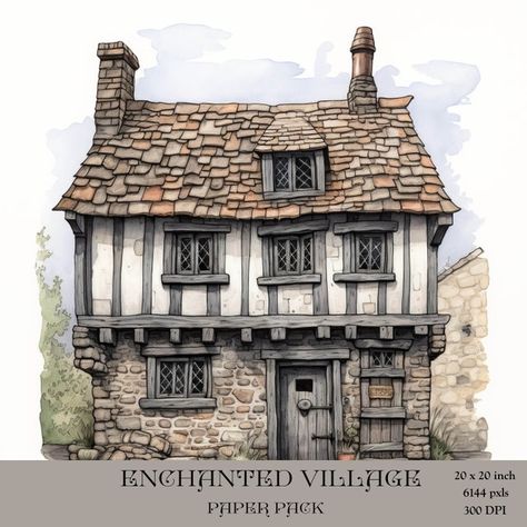 ThefileAisle - Etsy Medieval House Concept Art, Enchanted Village, Victorian Village, Whimsical Art Paintings, The Whispers, Cobblestone Streets, Medieval Houses, Charming House, Village House