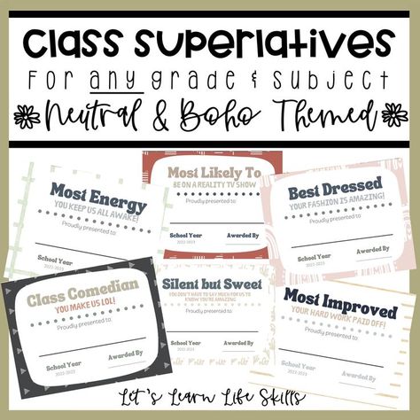 The BEST class superlatives you'll find. There are 40 awards in this file for a GREAT price. They are fun, stylish and humorous. I guarentee both you and your students will love these!!! Class Superlatives, Neutral Boho, You're Amazing, Hard Work Pays Off, 2023 2024, I Promise, School Year, Comedians, Subjects