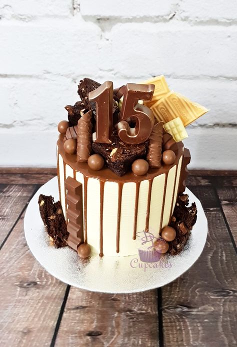 Fully loaded chocolate drip cake  www.facebook.com/ddscupcakes8/ Loaded Birthday Cake, Chocolate Loaded Cake Decoration, 14th Birthday Cakes Boy, 15th Birthday Cakes For Boys, Celebration Cake Ideas, 17th Cake, Choc Drip Cake, Drip Cake Ideas, Chocolate Drip Cake Birthday