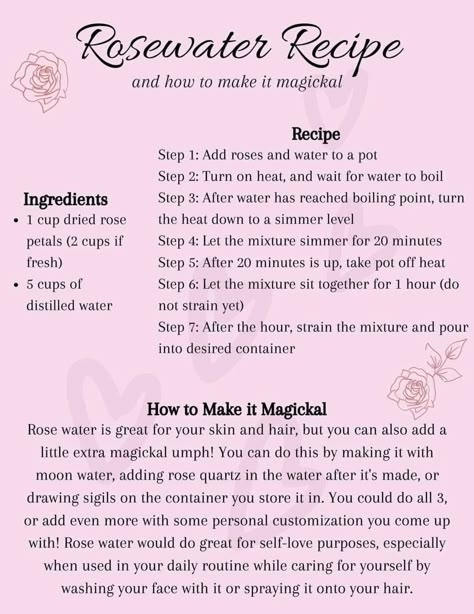 Rose Water Recipe, Rosewater Recipe, Witch Notes, Rose Petal Uses, Make Rose Water, Homemade Rose Water, Rose Water Diy, How To Make Rose, Spell Books