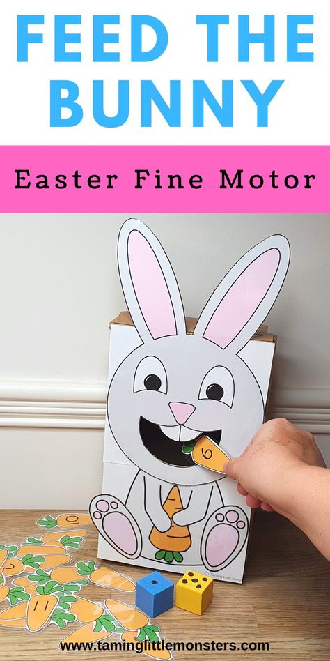 Feed the Bunny - Easter Fine Motor and math activity for preschoolers and kindergarten. Also comes with a free printable template for you to use. #easter #finemotor #math #freeprintable #preschool #kindergarten Feeding Bunny Activity, Feed The Bunny Free Printable, Feed The Bunny Printable, Easter Bunny Games, Feed Me Activity, Bunnies And Chicks Preschool Activities, Bunny Activities For Toddlers, Feed The Bunny Activity, Bunny Activities For Preschool