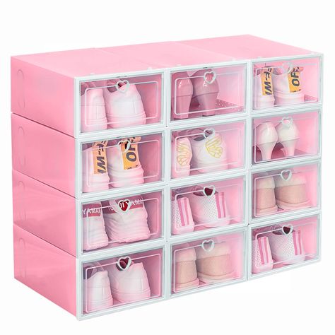 PRICES MAY VARY. High-Quality Material: The shoe storage boxes are made of the high-quality plastic board, and more sturdy and durable compared with the ordinary shoe boxes in the market. The lid of the shoe organizers is made of hard plastic, which will keep its shape and prevent deformation. Easy to Assemble or Disassemble: Shoe organizer for closet come flat-packed so all you have to do is to fold them up and put them together. The reinforced frame and interlocking design provide great sturdi Pink Storage Rack, Pink Organizer Box, 12 Pack Storage, Cute Shoe Rack Pink, Mini Shoe Box Bedroom, Barbie Storage Bins, Pink Plastic Box, Pink Room Organizer, Shoe Plastic Organizer