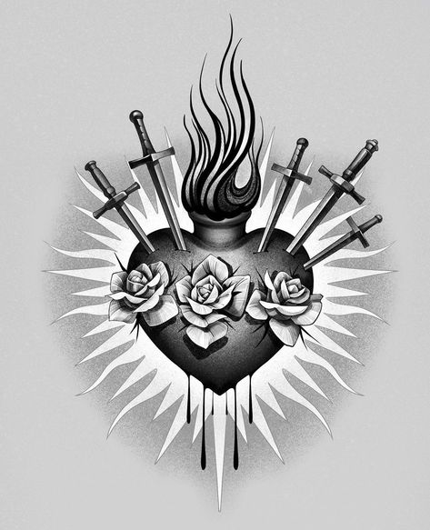 Deep Love Tattoo, Sacred Heart Outline, Chrome Hearts Tattoo Stencil, Sacred Heart With Roses Tattoo, Sacred Heart Tattoo Stencil, Sacred Heart Drawing Tattoo, Sacred Heart Drawing, Sacred Heart Forearm Tattoo, Sacred Heart Tattoo Black And Grey